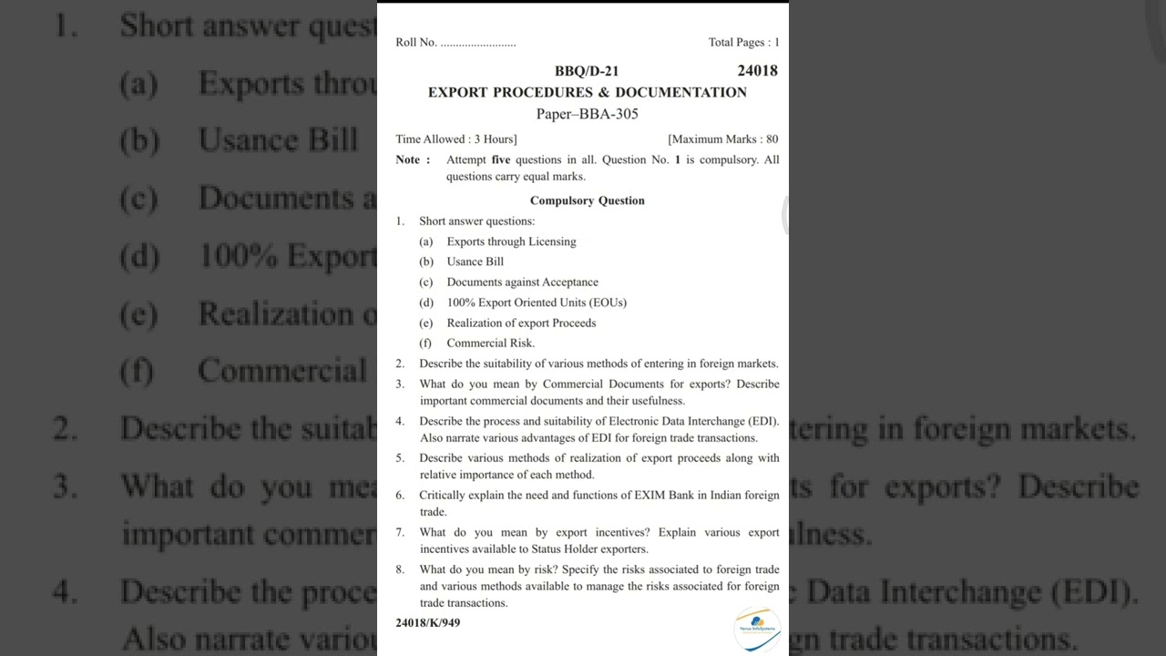 Export Procedures And Documentation BBA - 305 || exam Question Papers 👍