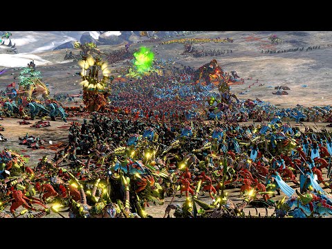 LIZARDMEN and WOOD ELVES vs SKAVEN and CHAOS DWARFS - TotalWar Warhammer 3 cinematic battle