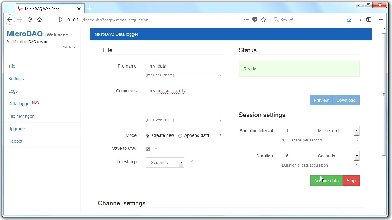 Web-based data acquisition with MicroDAQ