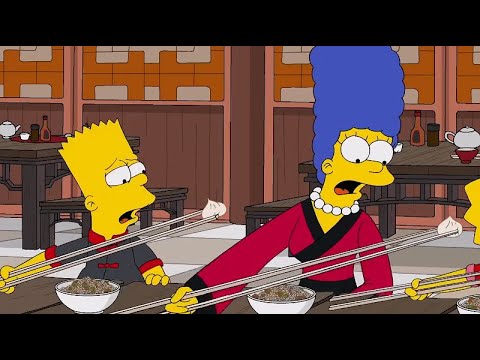 The Simpson Marge and Bart eating dumplings with long chopsticks