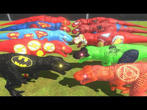 5x Marvel DC T-Rex vs 5x Avengers T-Rex - Animal Revolt Battle Simulator