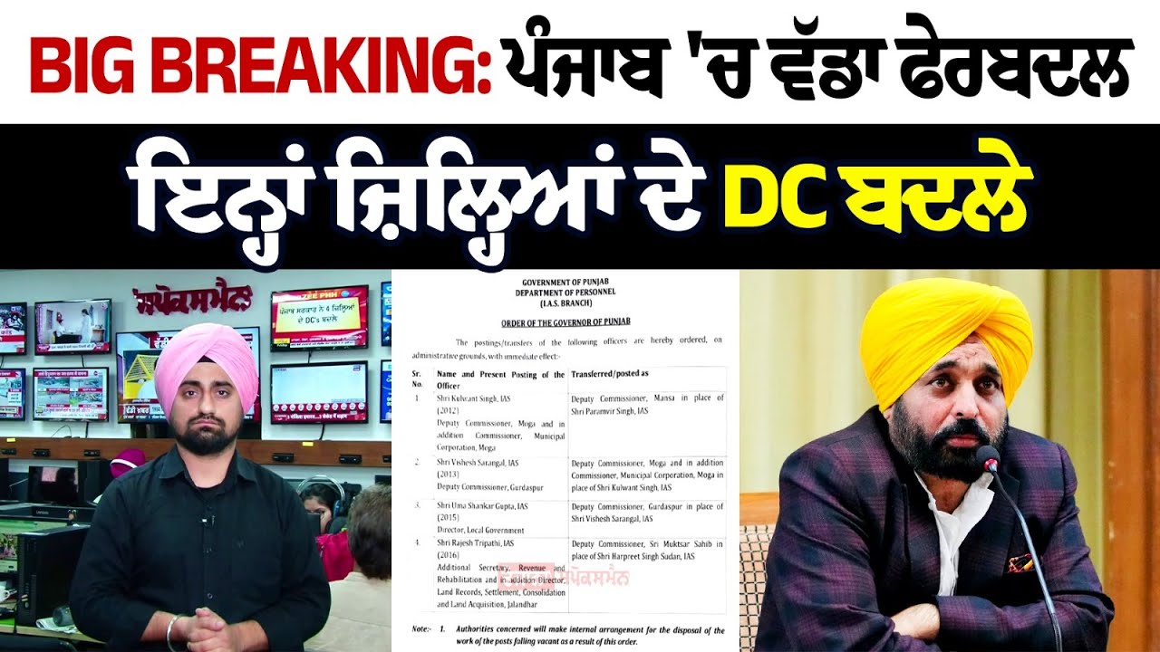 BIG Breaking: Four IAS officers in Punjab transferred and posted as Deputy Commissioner BIG Breaking: Four IAS officers in Punjab transferred and posted as Deputy Commissioner