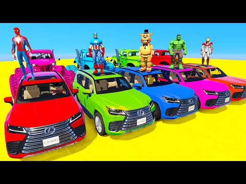 SPIDERMAN Cars Challenge on TRIPLE Ramp Lake ! SUPERHERO Fire Monster Trucks LEXUS Race JEEP - GTA 5