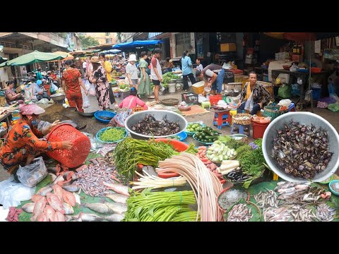 Cambodian Routine Fresh Food @Orussey Market - Vegetables, Fish, Chicken, Seafood & More