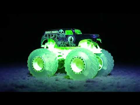Hot Wheels Monster Jam Glow In The Dark Grave Digger (2014 Race Rewards,2018 Nite Glo Cage) review