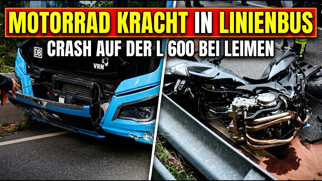 Schwerer Unfall auf der L600 bei Leimen  – Motorradfahrer stürzt und kollidiert mit Linienbus