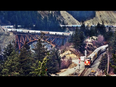 CN And CP Railroads Working Together With Long Hefty Freight Trains In The Fraser Canyon
