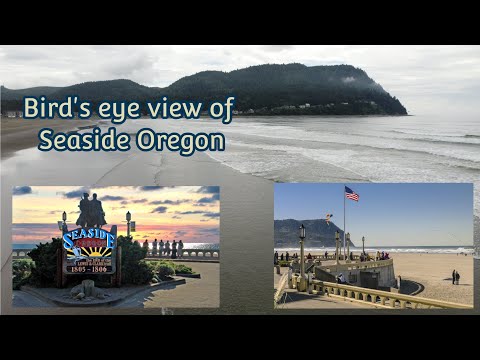 Bird's eye view of Oregon's Seaside- south, long beaches and a lovely board walk lines the beach.