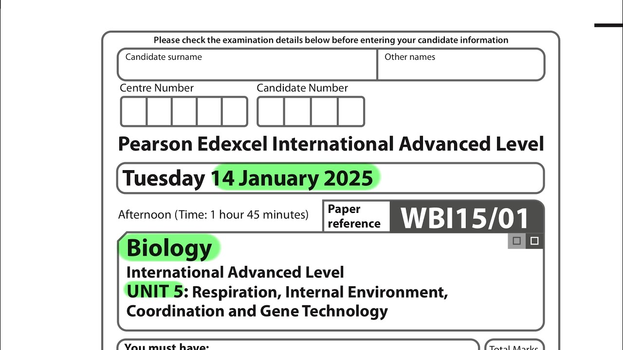 A level | Biology | Unit 5 | January 2025 | Pearson Edexcel |
