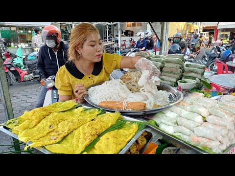 Popular Cambodian Street Food, Delicious Yellow Pancake, Spring Rolls, Noodles, Fried Rice & More