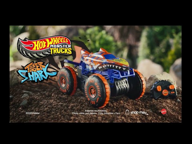 Vídeo relacionado con Hot Wheels Monster Trucks Tiger Shark Monster Truck de Gran tamaño, camión de Juguete metálico a Escala 1:24 con Ruedas Gigantes y diseños chulos, JDR02