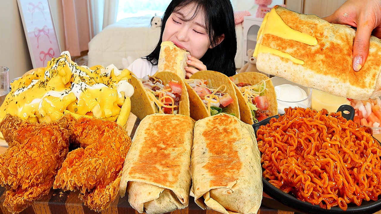 ASMR MUKBANG| 직접 만든 부리또 후라이드 치킨 불닭볶음면 먹방 & 레시피 GRILLED CHEESE BURRITO AND FRIED CHICKEN EATING