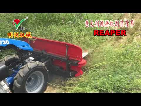 Reaper attachment for mini tiller to harvest alfalfa