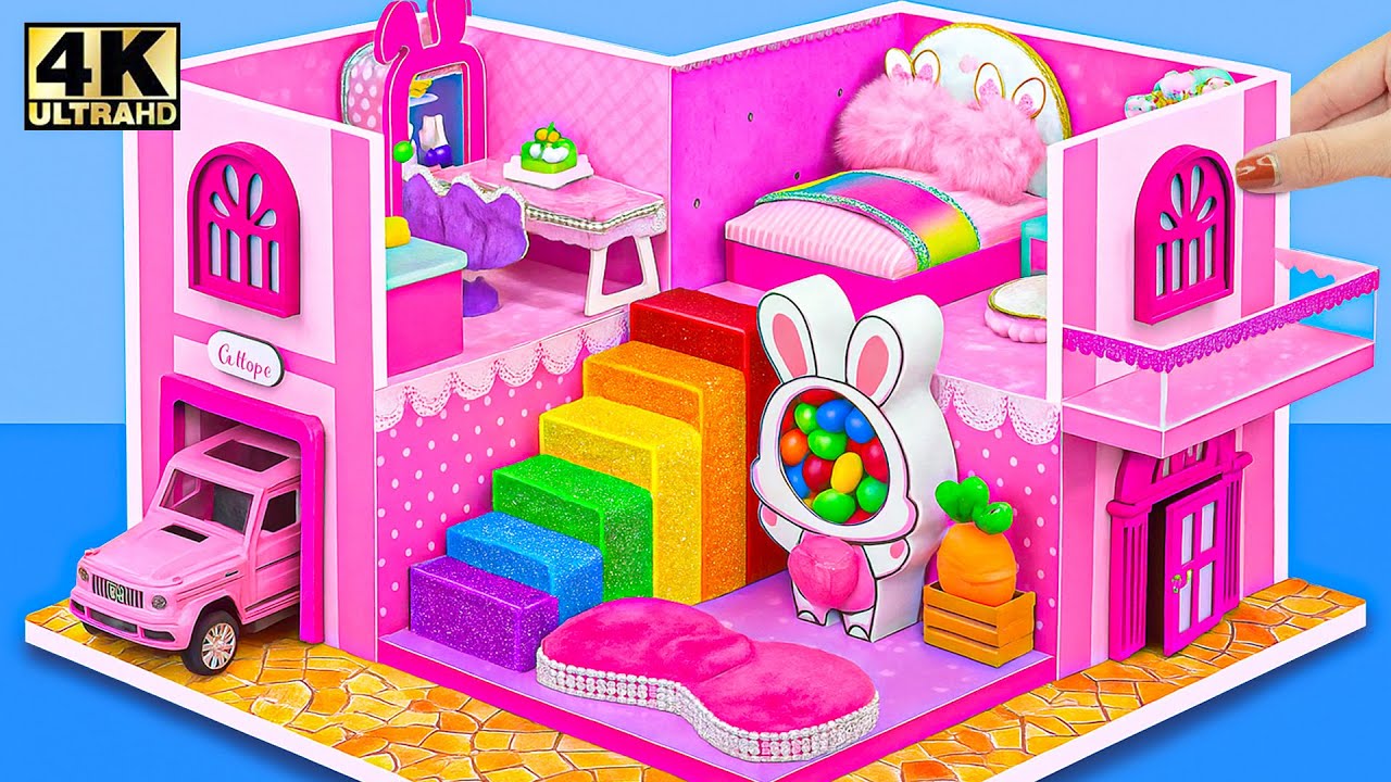 Make Cute Pink Miniature Dollhouse with Bedroom and Car Garage for Two ❤️ DIY Miniature House