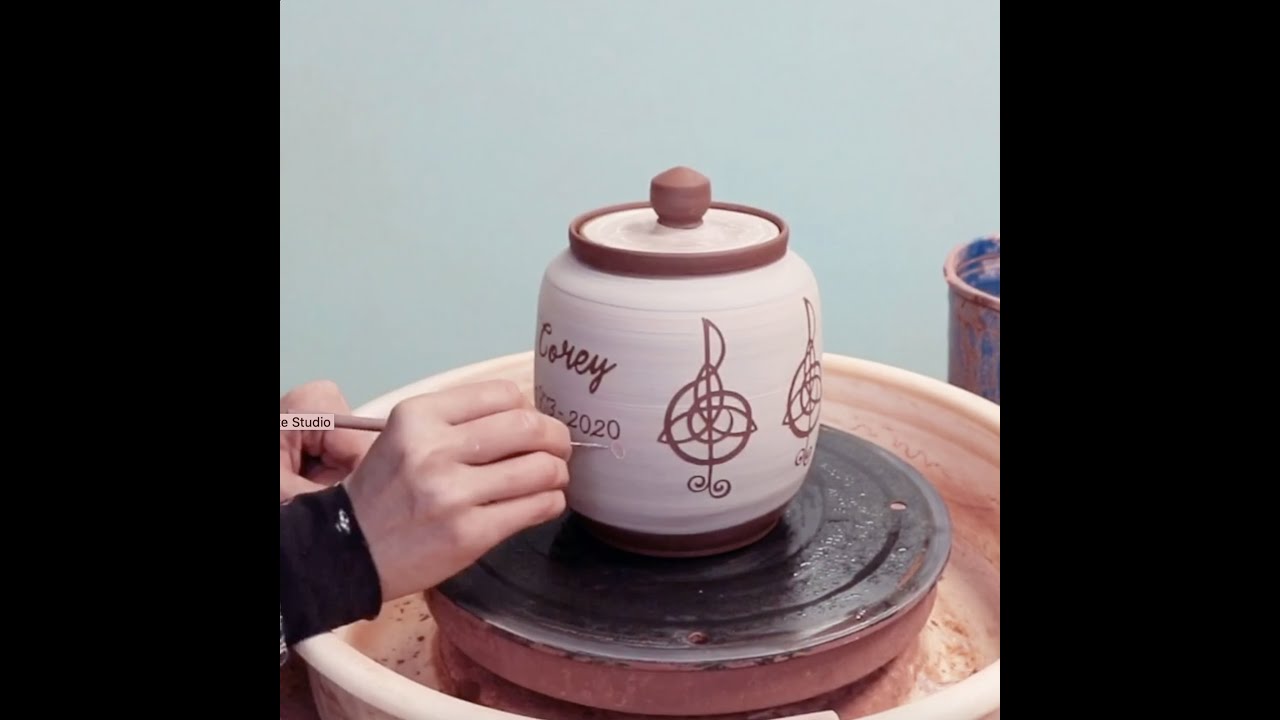 Pottery Demo, How to Decorate an Urn with Porcelain Slip, Ceramic techniques, Celtic Musical Notes
