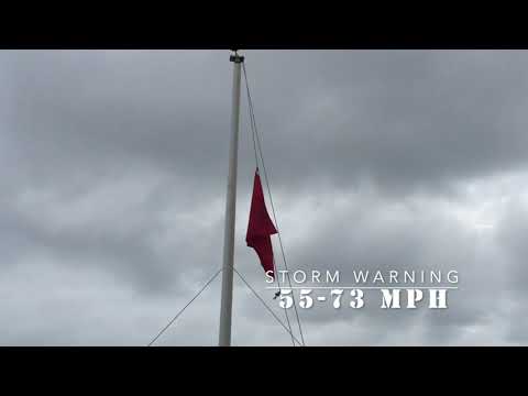 What flag is used to indicate a storm warning of 48 knots or more?