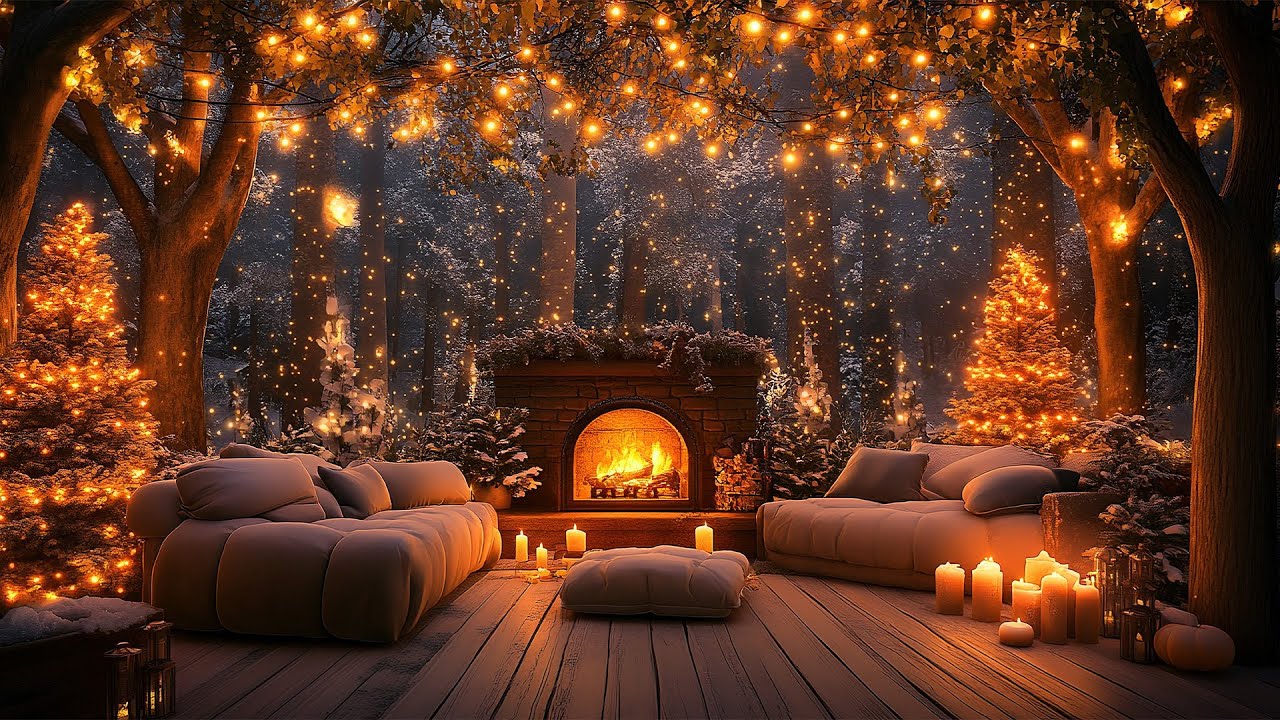 Winter Jazz Playlist with Porch Atmosphere 🌨️ Crackling Fire Sounds for Peaceful Evenings 🔥🎶