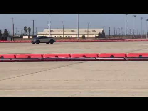 Tesla Cybertruck, Featuring side mirrors and rear wheel turning. Test Facility in Atwater, CA