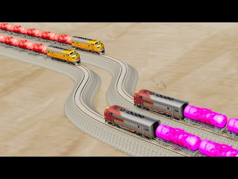 Impossible Four Sharp Turn Overlapping Rail Tracks Vs Trains Crossing - BeamNG.Drive