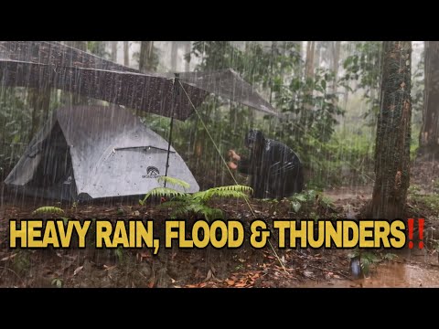 VERY LONG Heavy Rain, Flood with Thunderstorm‼️Solo Camping in Long Heavy Rain with Thunderstorm‼️