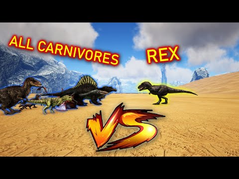 ALL ARK CARNIVORES (LEVEL 1) VS TAMED T-REX (LEVEL 150) | Ark Battles | Thyrulous