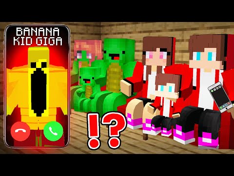 Scary Banana Kid Giga Calling JJ and Mikey Family and Hunt Them in Minecraft - Maizen ?!
