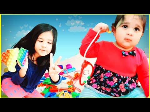 Rahma and baby rameen play with toys ! funny video for kids .