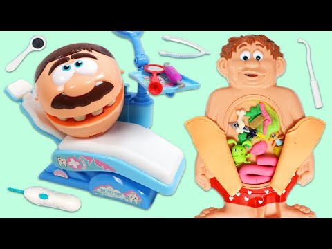 Mr. Play Doh Head Toy Hospital Doctor Checkup for Tummy Ache and Toy Dentist Visit!