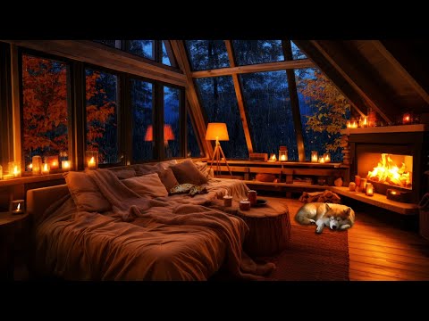 Cozy Gentle Autumn Rain with Crackling Fire with Cat & Dog - Sleep, Relax, Study
