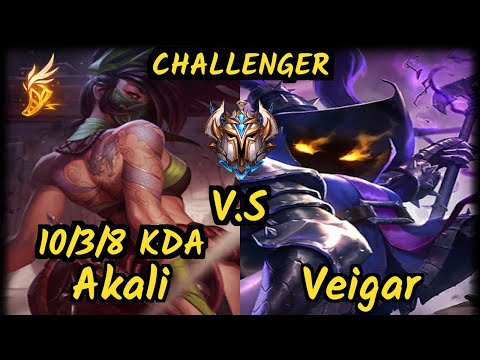 SKT T1 Faker (AKALI) vs VEIGAR - 10/3/8 KDA MID CHALLENGER GAMEPLAY - KR