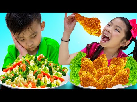 , title : 'Emma and Jannie Eat and Cook Healthy Food  | Funny Food Toys Video for Kids'
