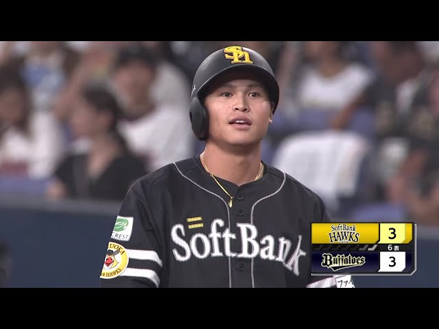 【6回表】連打で同点!! ホークス・笹川吉康 代打起用で一二塁間を破るタイムリーヒット!! 2025年9月14日 オリックス・バファローズ 対 福岡ソフトバンクホークス