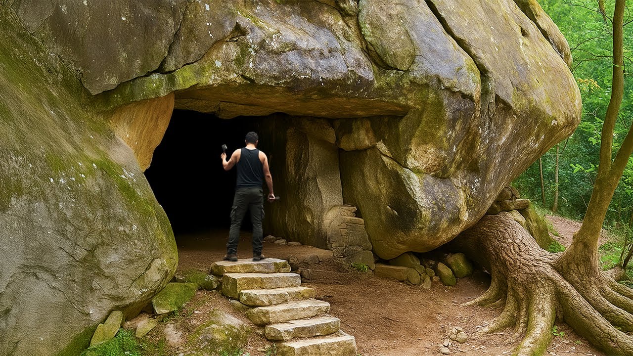 Build a Secret Shelter Under a Giant Rock to Survive in the Wilderness