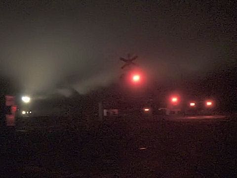 QRN Freight Train In Night Fog At Railway Level Crossing (28/4/2011) - PoathTV Australian RailRoads
