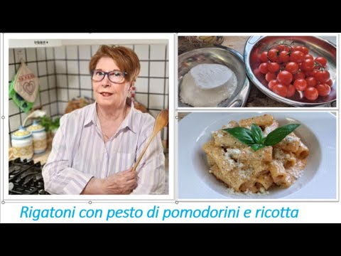Rigatoni con pesto di pomodorini e ricotta, economico e veloce.