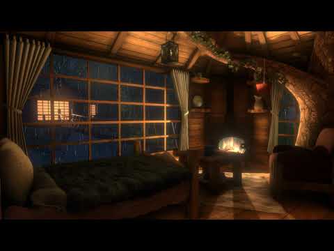 Cozy Treehouse - Rain & Fireplace Sounds for 12 hours | Sleep, Study, Meditation