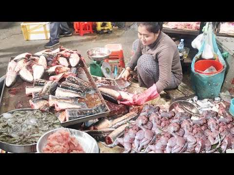 Fresh viral foods, meats, fish sell in the Takhmao Thmey market