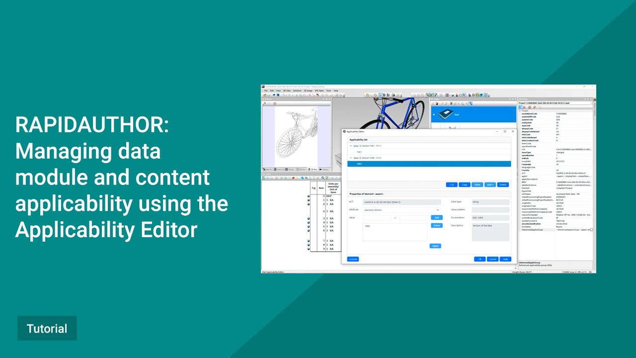 RapidAuthor Tutorial. Managing data module and content applicability using the Applicability Editor.