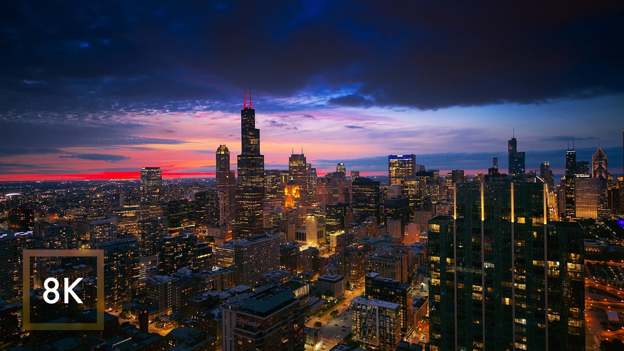 Chicago Cityscape After Sunset | City Night Sounds 8K HDR