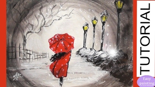 How to paint WOMAN RED UMBRELLA in the SNOW. Red Dress Painting Tutorial Beginners Step by Step