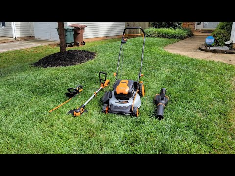 WG751.9 Worx Lawn Mower Power Share 20inch 40volt 4.0ah with Lowes 20 volt Power Equipment Combo