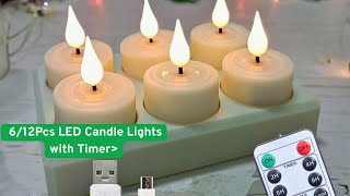 6/12Pcs LEDCandle Lights with Timer|Rechargeable Flameless Tea Lights with Black Cups for Home Decor