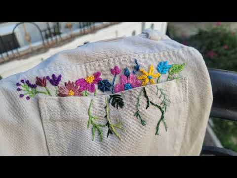 "Pocket Full of Wildflowers – Hand Embroidered Denim Art" #handbroidery #embroidery