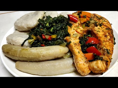 The perfect dinner, coconut 🥥 dumpling and green bananas with steam calaloo and salmon fish so tasty