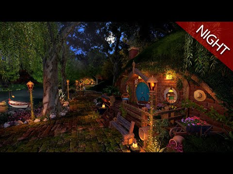 Hobbit Village Ambience 🌙🌲 Night Time At The Shire - Chorus cicadas, occasional rain, windchimes
