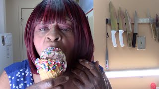 Caramel, Sprinkle Dipped Waffle Cone With Vanilla And Chocolate Ice Cream