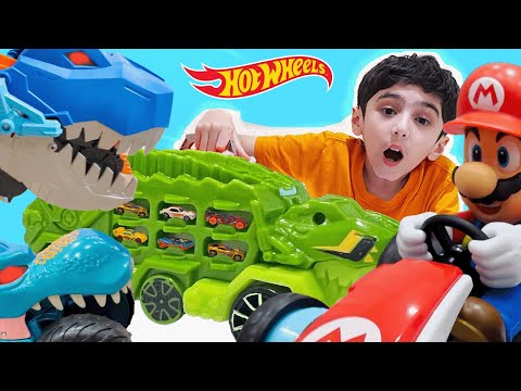 HOT WHEELS ULTIMATE T-REX TRANSPORTER VS MEGA-WREX AND MARIO RC PLUS MORE!