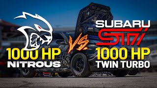 1000HP Twin Turbo Subaru STI vs Nitrous Hellcat Redeye 1/4 Mile DRAG RACE