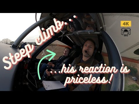 Steep take-off with James in a C42 microlight - his reaction is priceless!