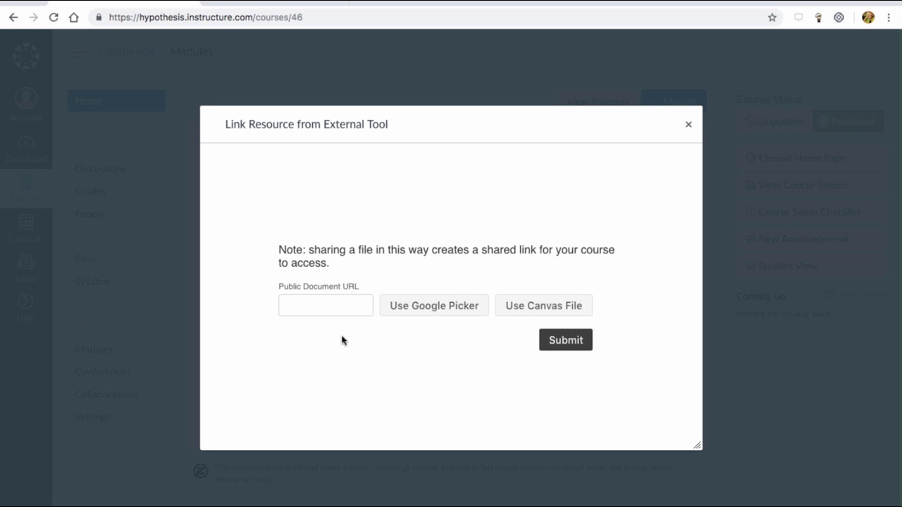 Creating an Hypothesis PDF module item in Canvas